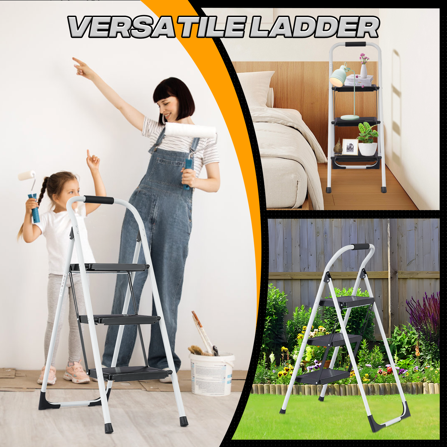 Step Ladder-3 Step-40"Height - White - Iron+PP