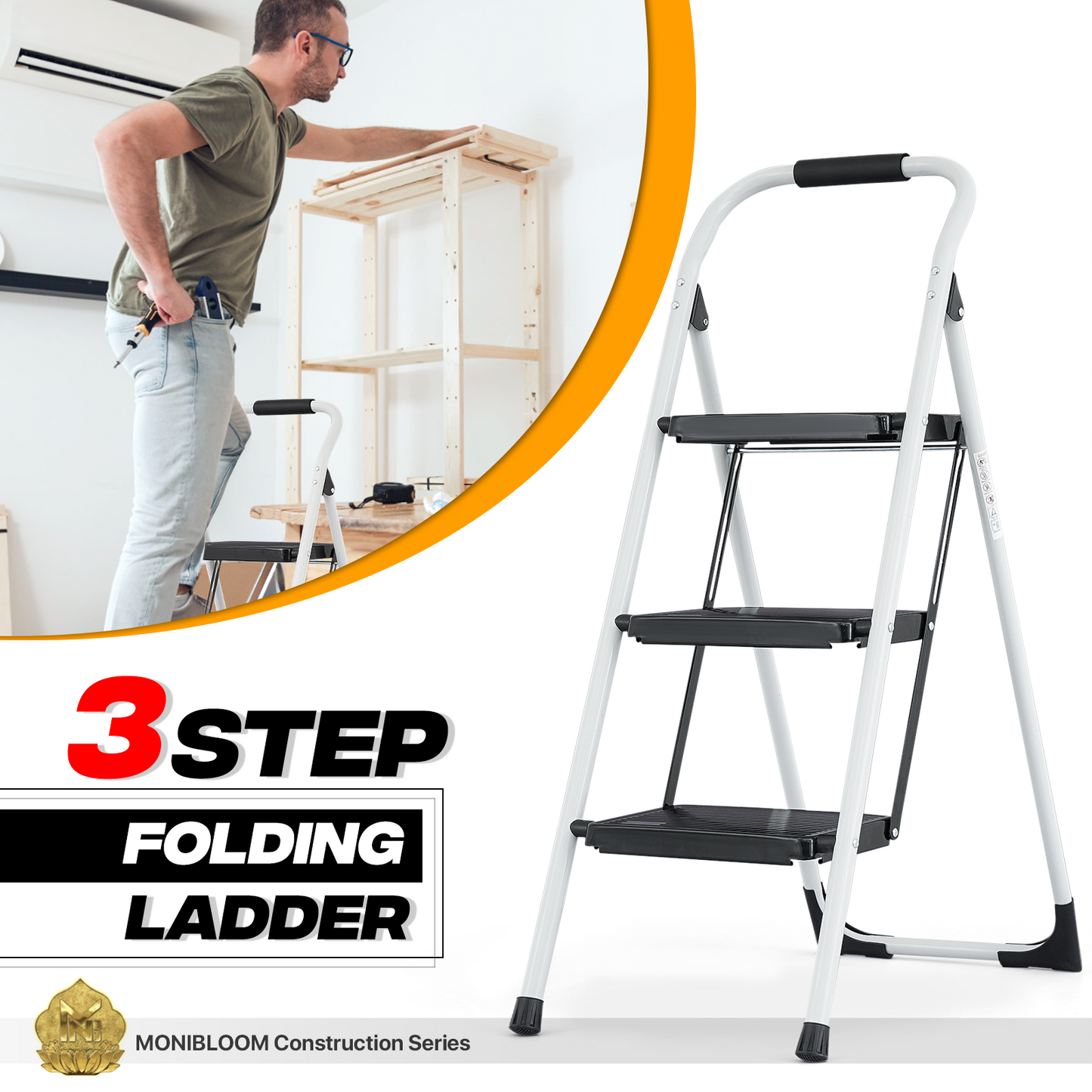 Step Ladder-3 Step-40"Height - White - Iron+PP