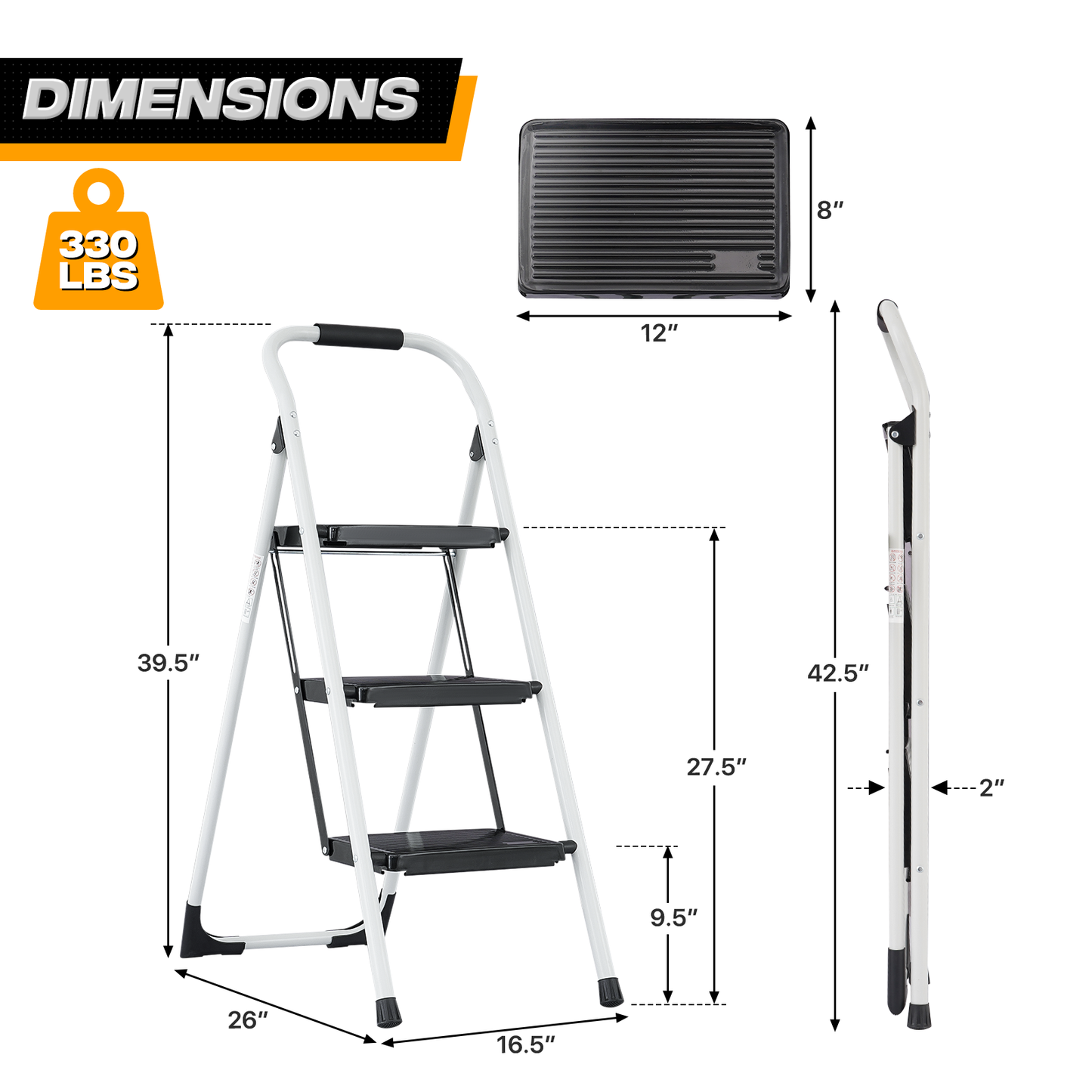 Step Ladder-3 Step-40"Height - White - Iron+PP