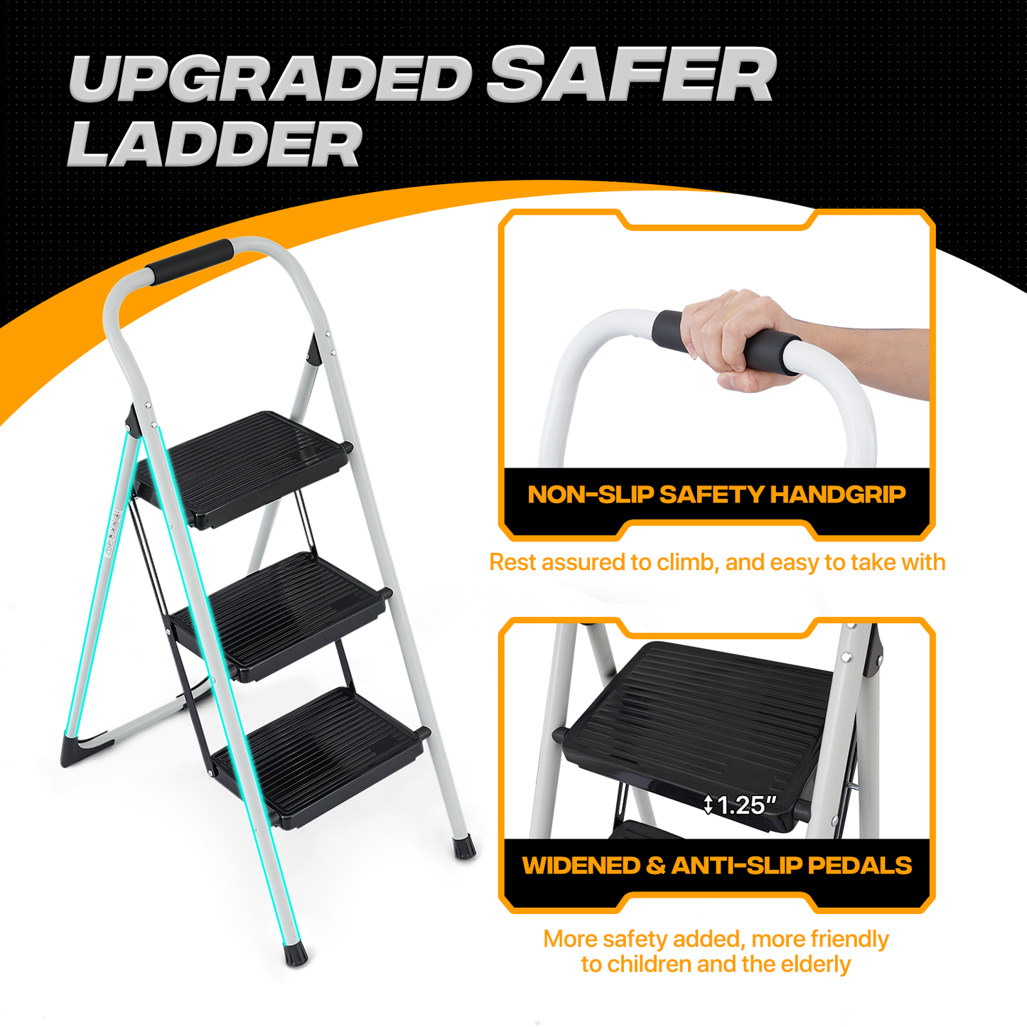 Step Ladder-3 Step-40"Height - White - Iron+PP