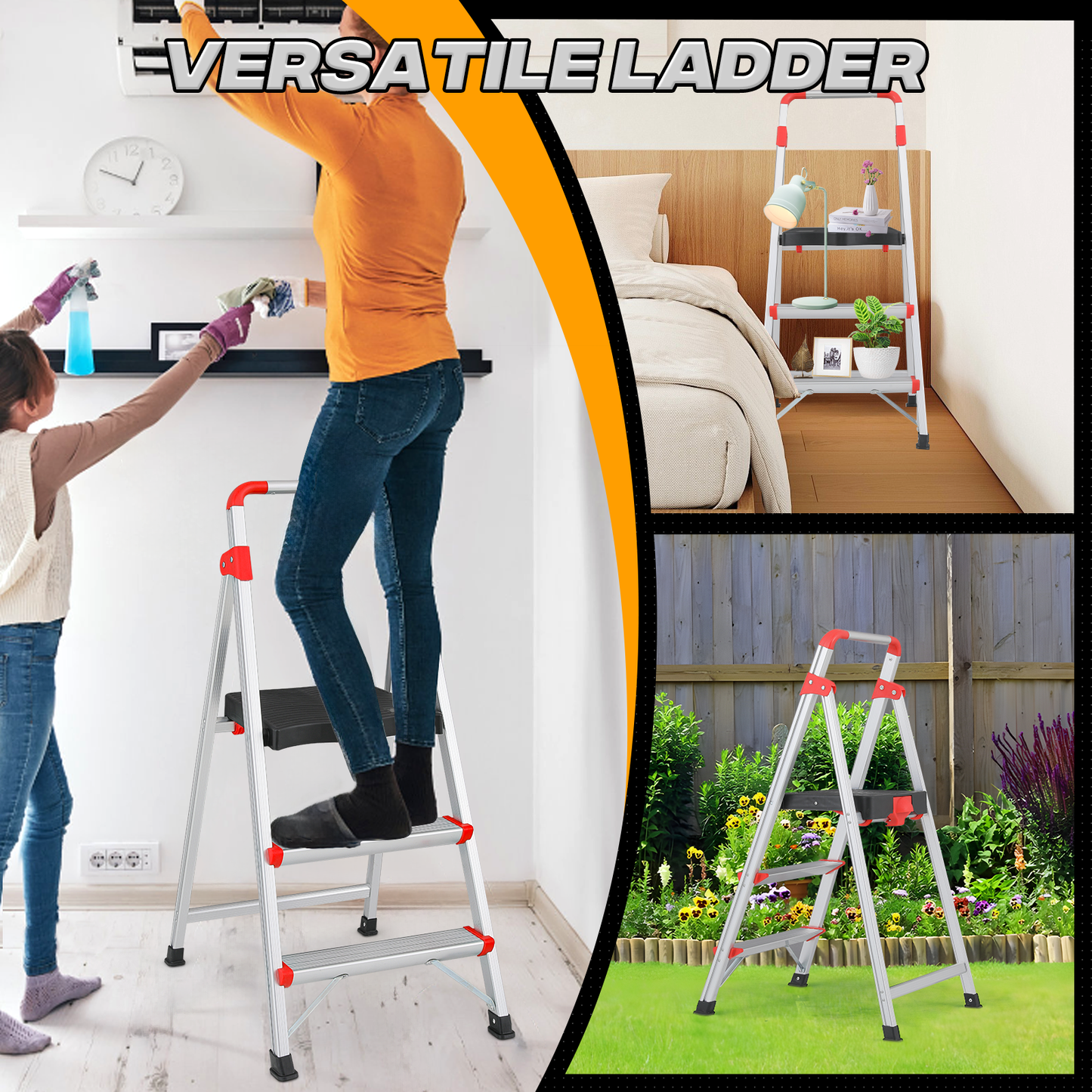 Step Ladder-3 Step-39"Height - Silver ,with Anti-Slip Step  - Aluminum+PP