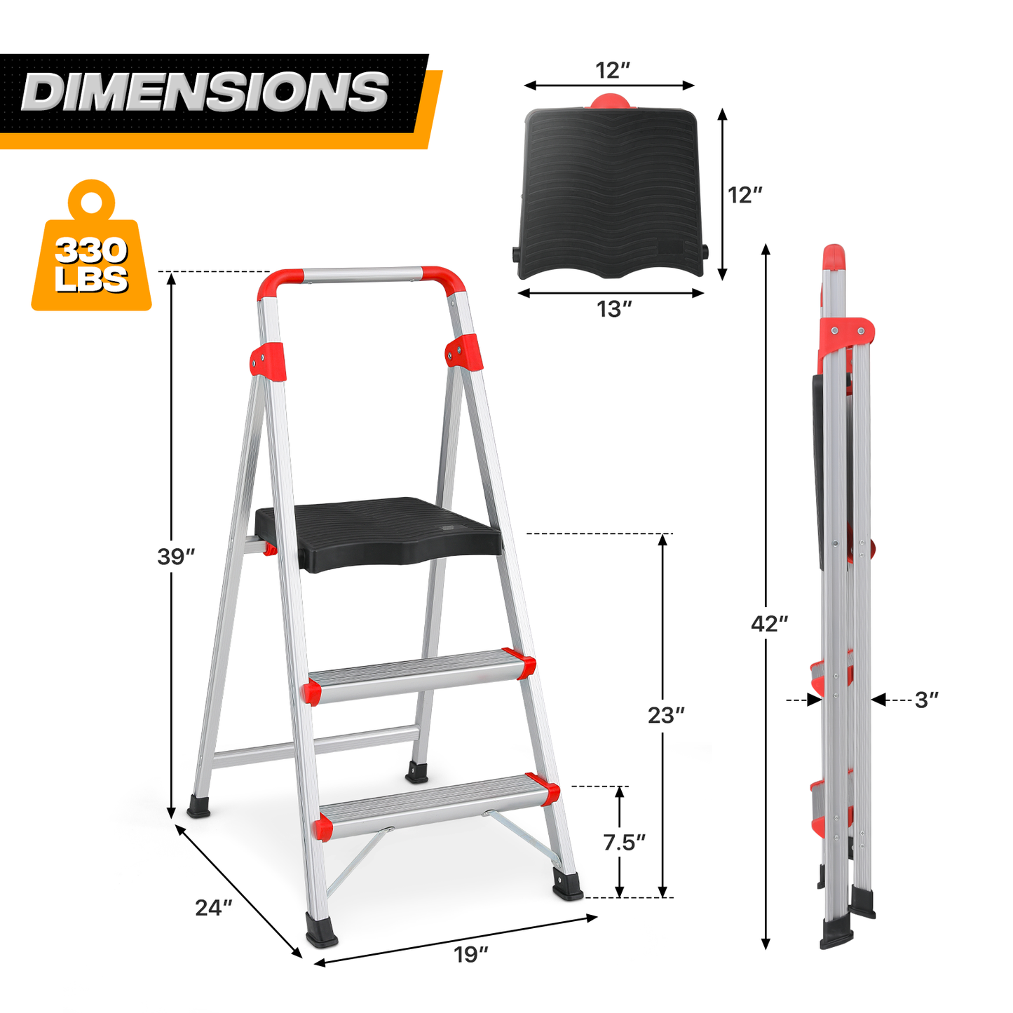 Step Ladder-3 Step-39"Height - Silver ,with Anti-Slip Step  - Aluminum+PP