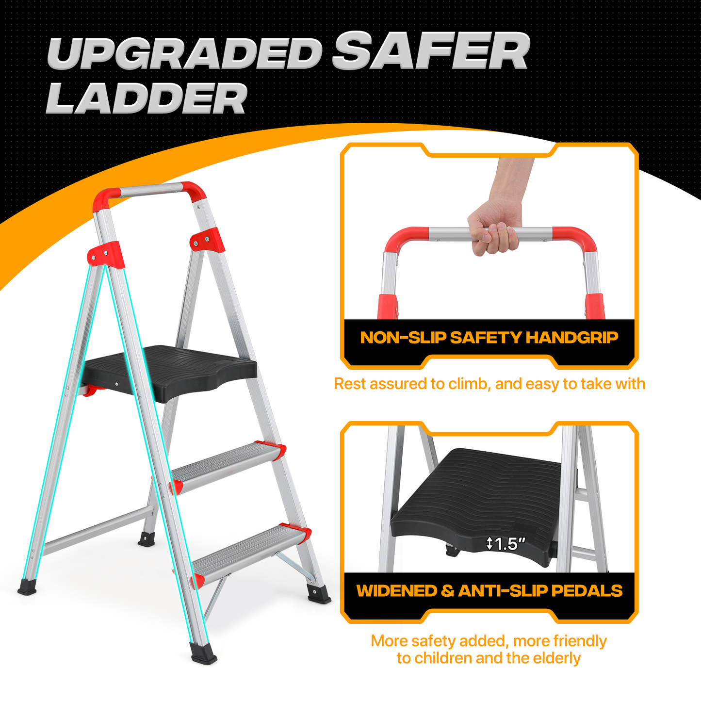 Step Ladder-3 Step-39"Height - Silver ,with Anti-Slip Step  - Aluminum+PP