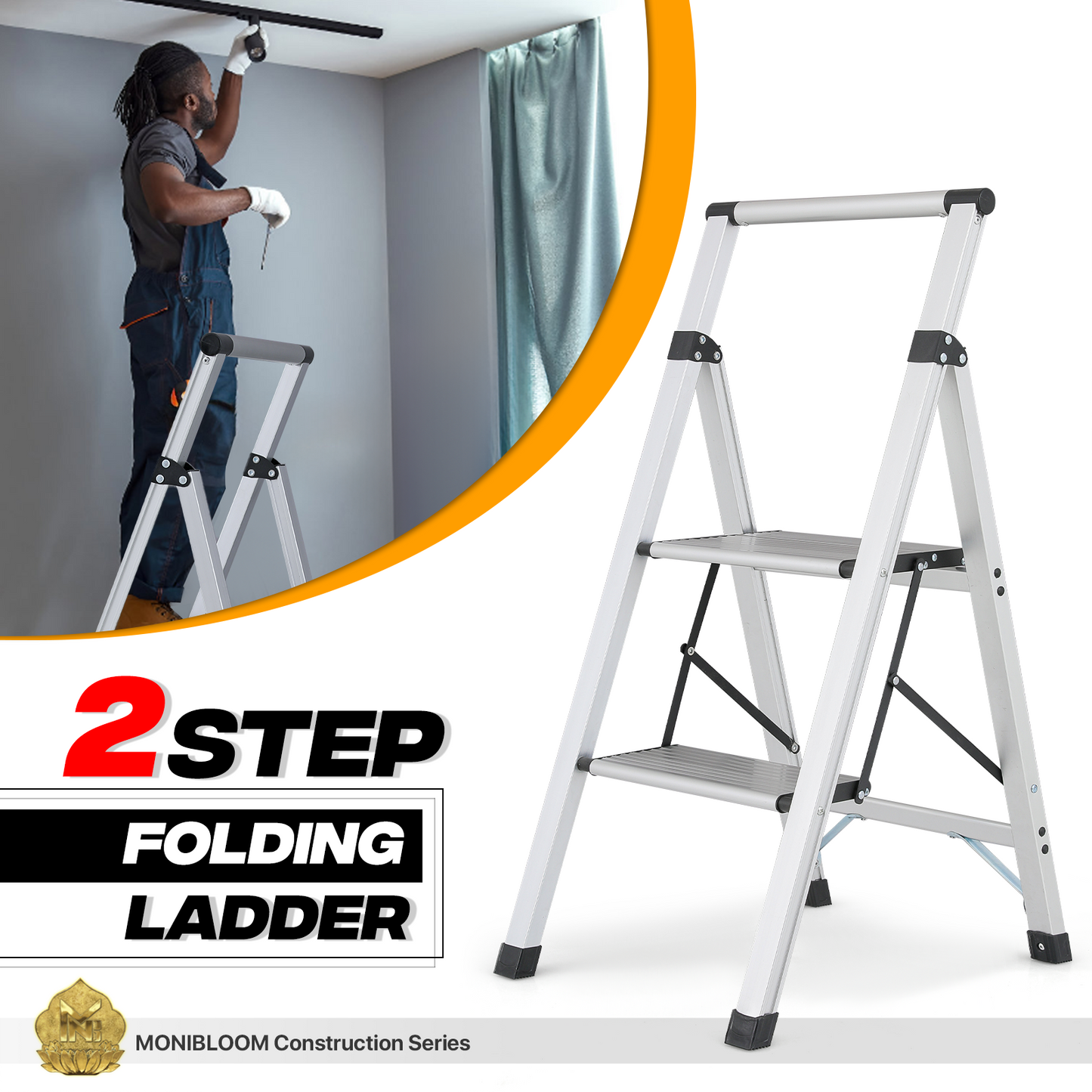 Step Ladder-2 Step-34"Height - Silver - Aluminum+PP