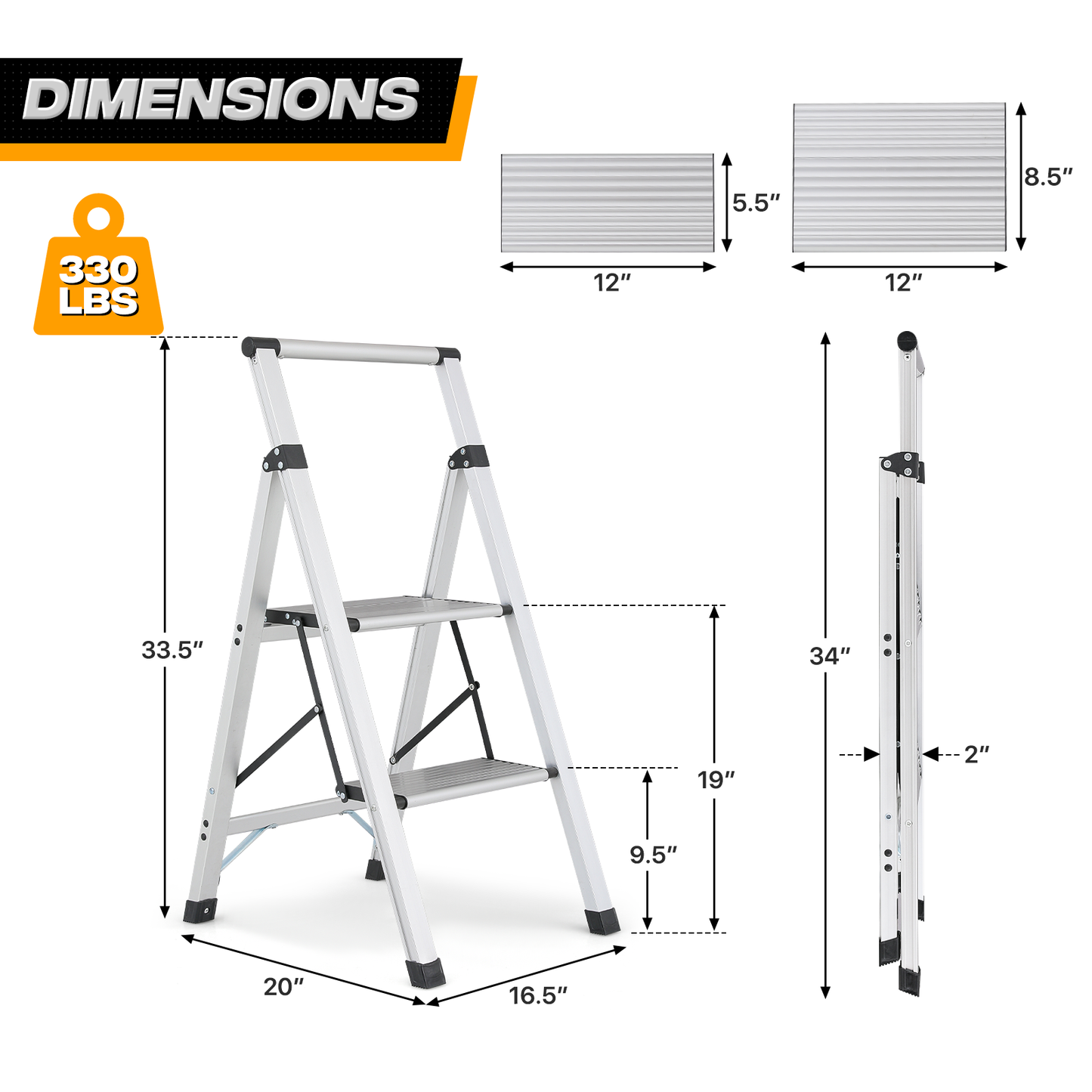 Step Ladder-2 Step-34"Height - Silver - Aluminum+PP