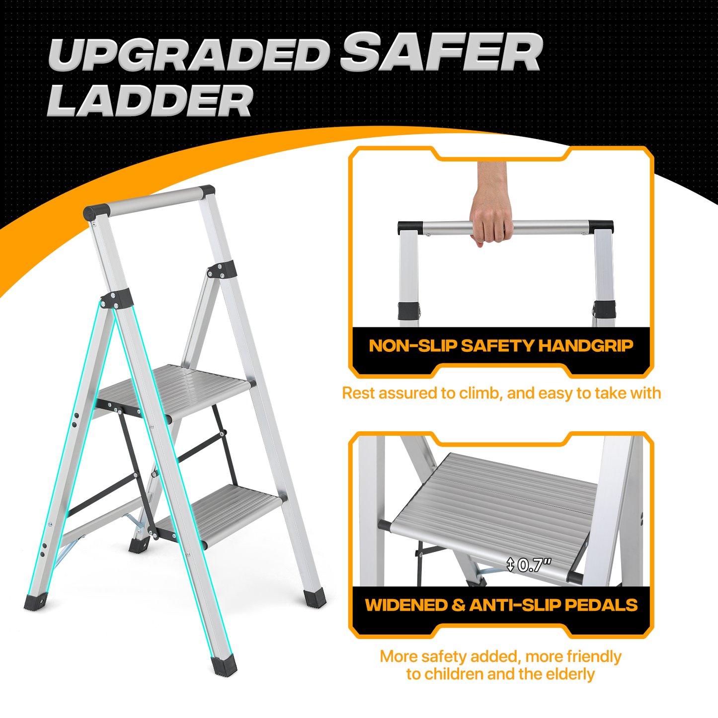 Step Ladder-2 Step-34"Height - Silver - Aluminum+PP