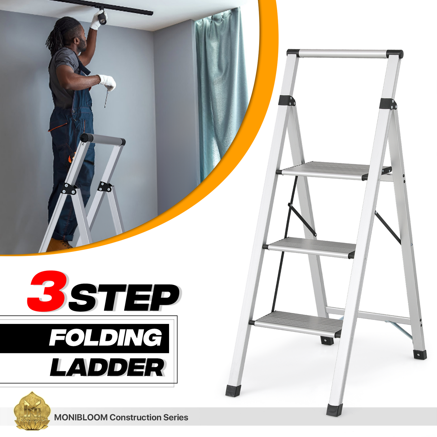 Step Ladder-3 Step-43"Height - Silver - Aluminum+PP