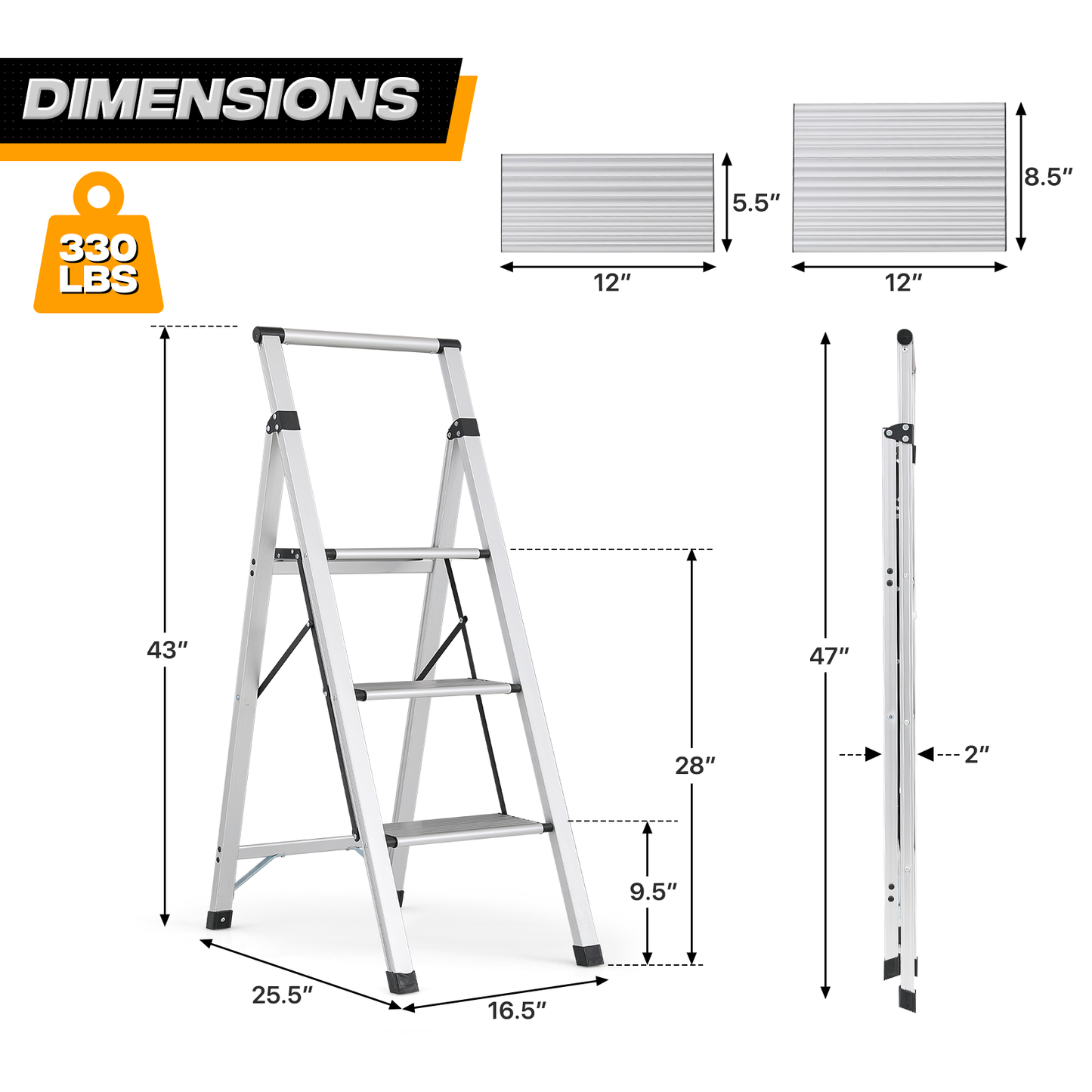 Step Ladder-3 Step-43"Height - Silver - Aluminum+PP