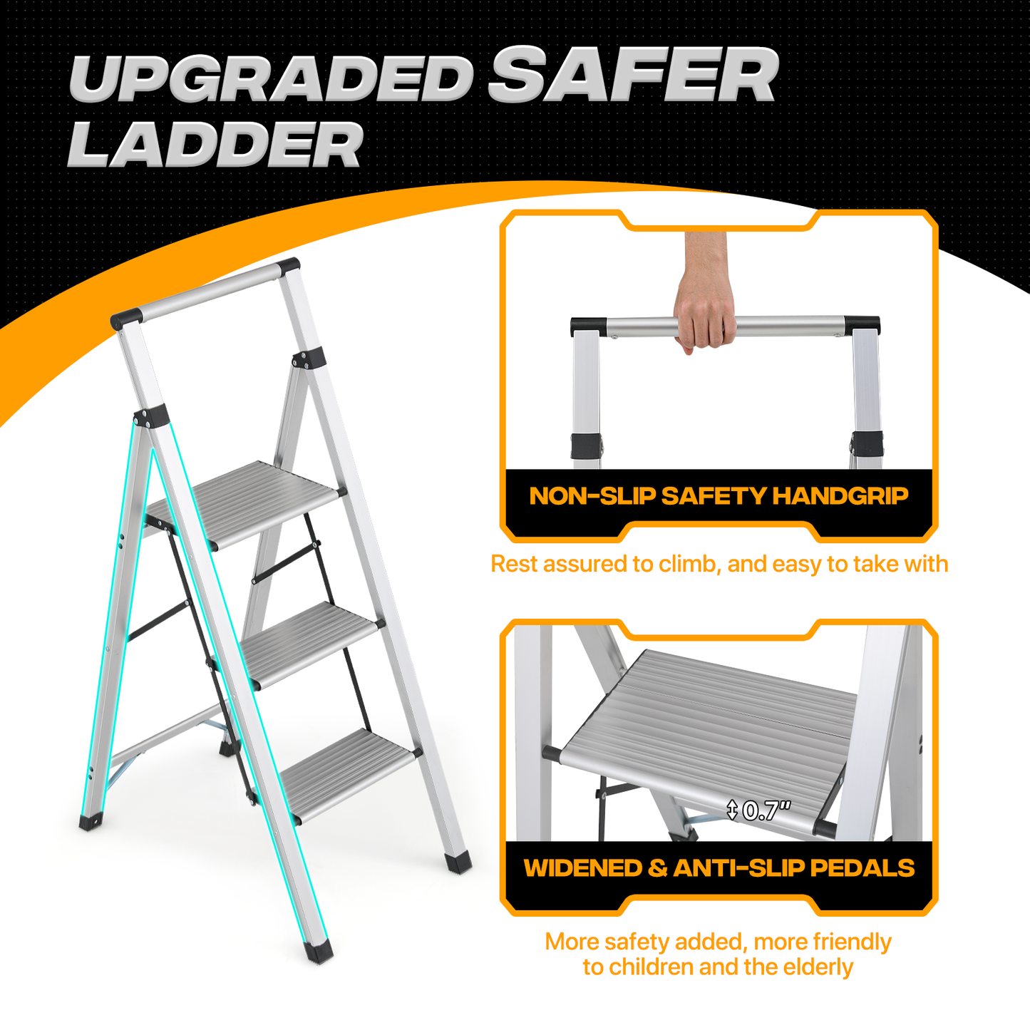 Step Ladder-3 Step-43"Height - Silver - Aluminum+PP