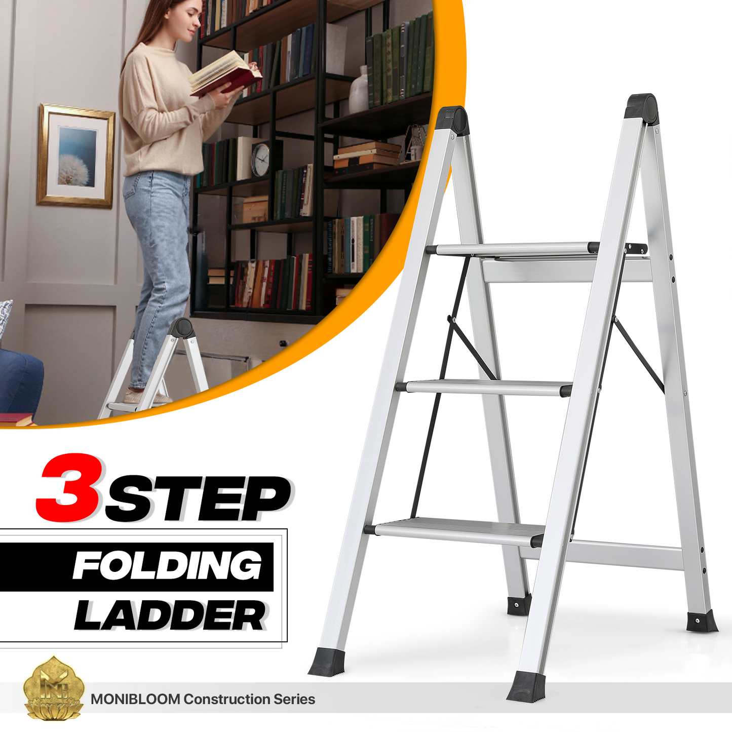 Step Ladder-3 Step-37"height - Silver - Aluminum+PP