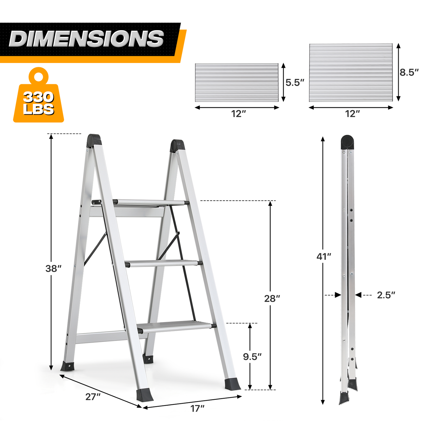 Step Ladder-3 Step-37"height - Silver - Aluminum+PP