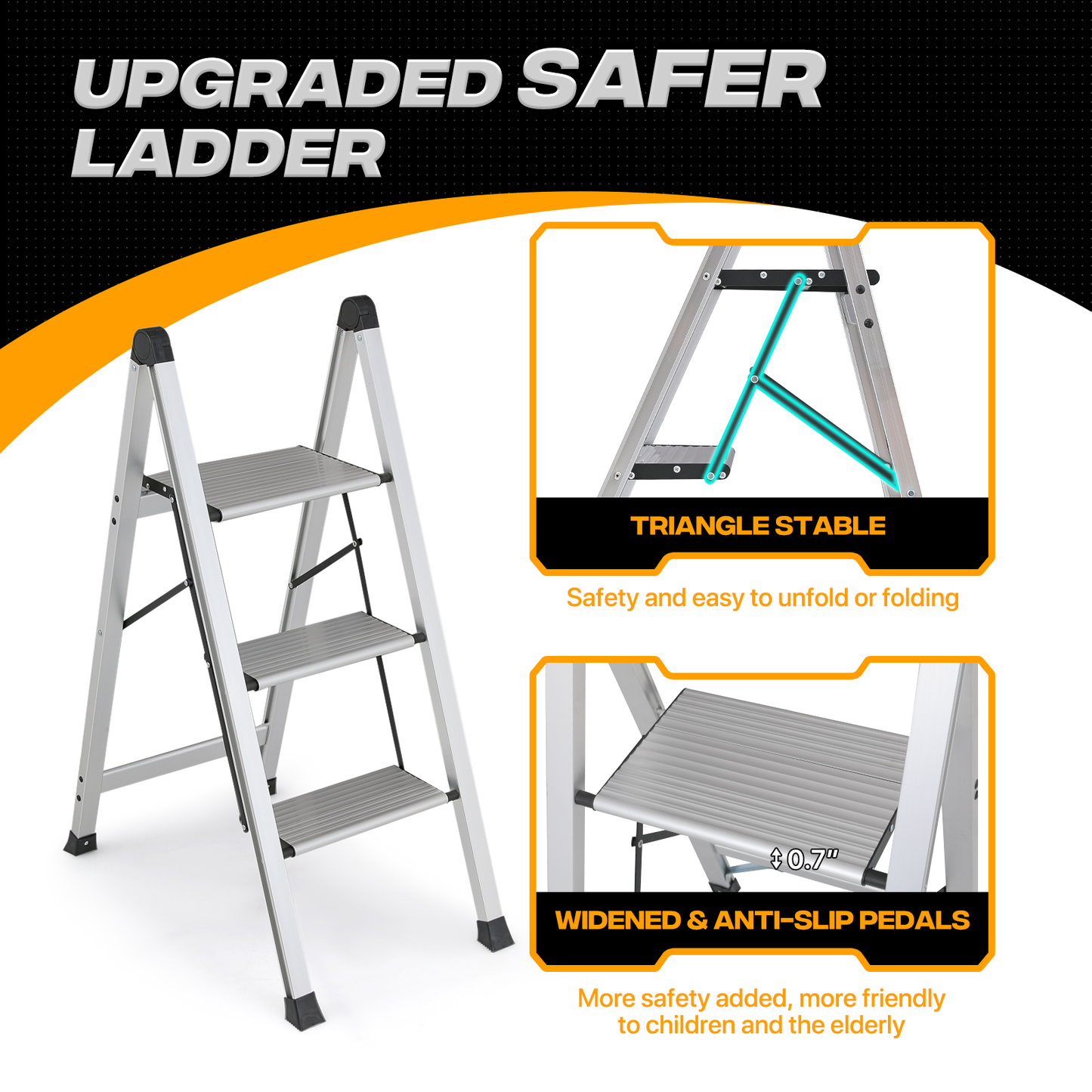 Step Ladder-3 Step-37"height - Silver - Aluminum+PP