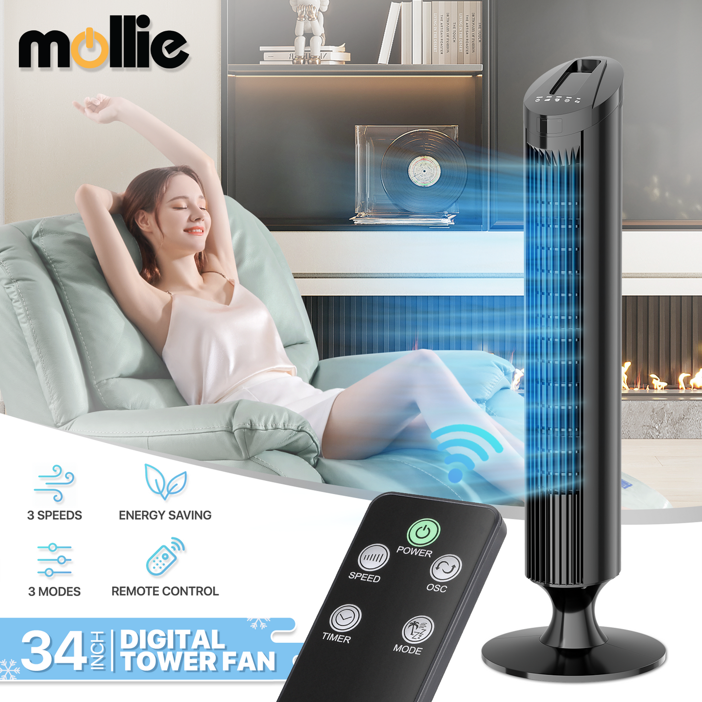 34" Tower Fan - 3 Speeds 3 Modes - Room Temperature Display