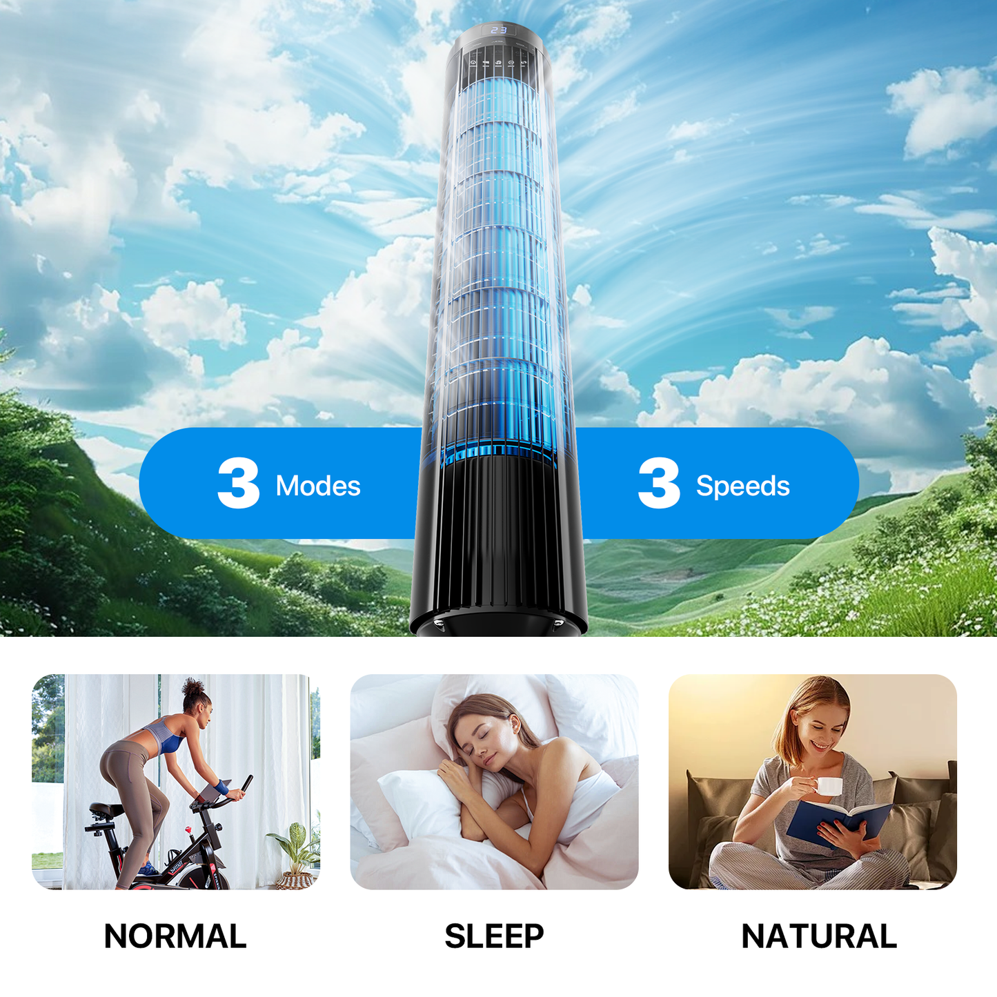 34" Tower Fan - 3 Speeds 3 Modes - Room Temperature Display