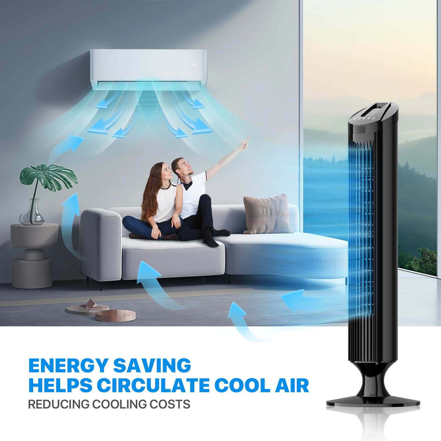 34" Tower Fan - 3 Speeds 3 Modes - Room Temperature Display