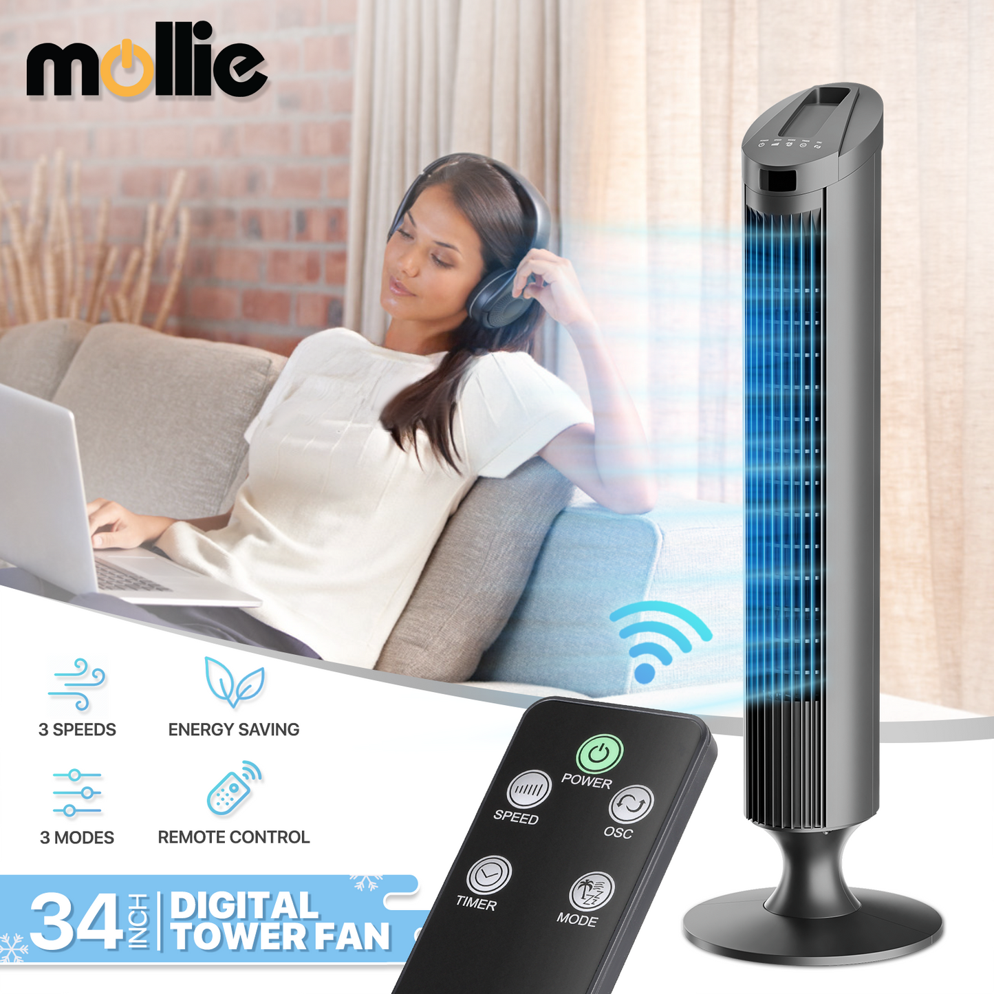 34" Tower Fan - 3 Speeds 3 Modes - Room Temperature Display