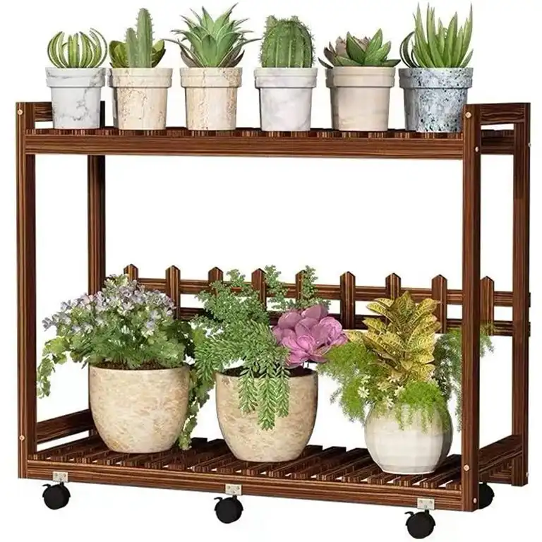 37"Carbonized Wood 2-Tier Rolling Plant Stand