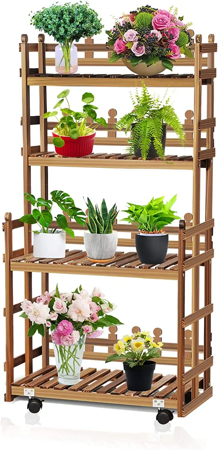 4-Tier Carbonized Wooden Rolling Plant Rack