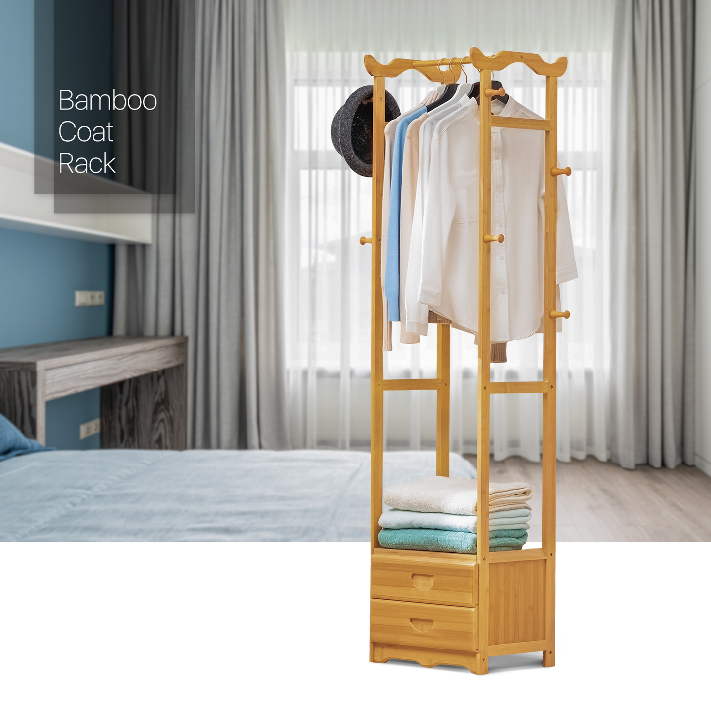 Double Drawer Garment Hanging Stand Rack - Natural