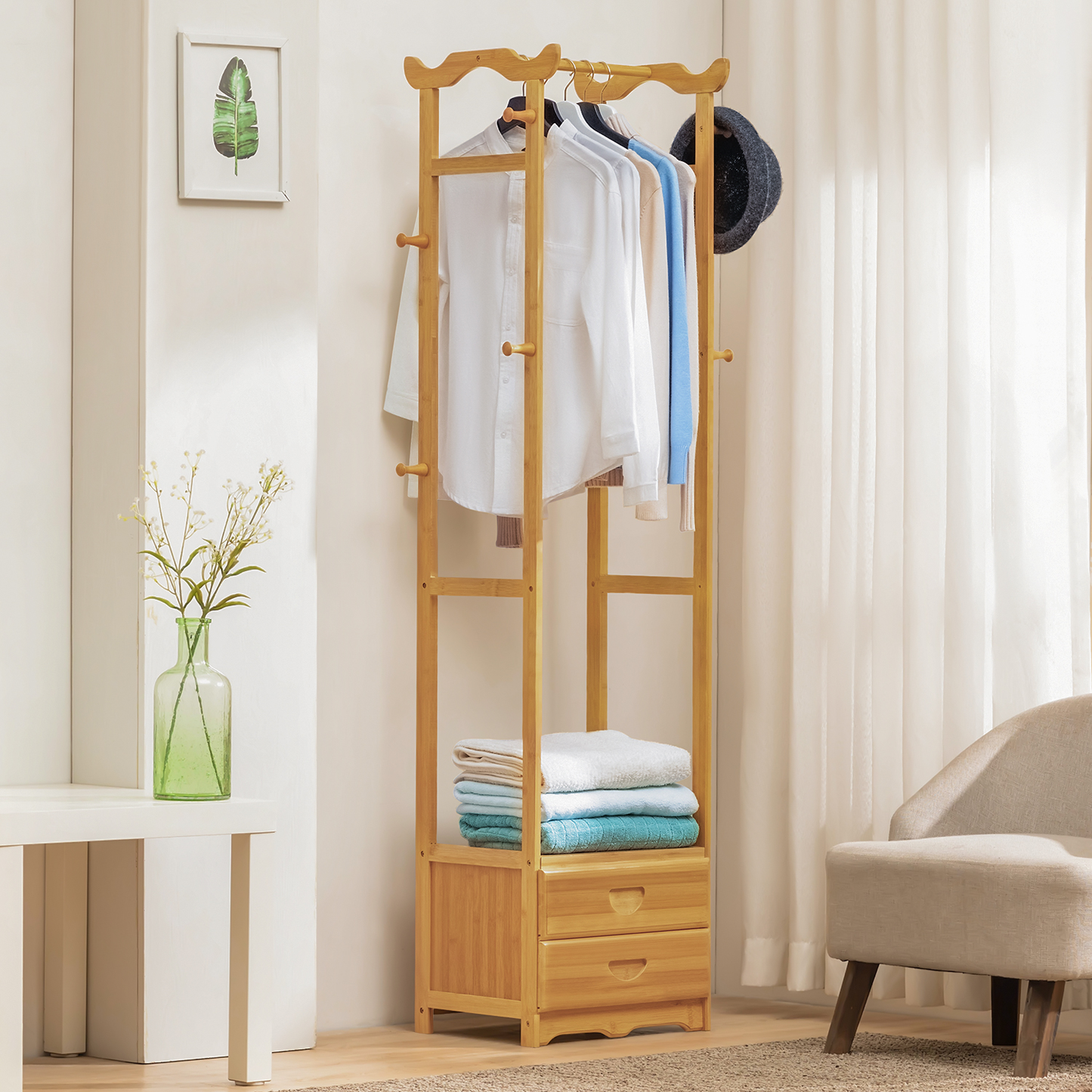 Double Drawer Garment Hanging Stand Rack - Natural