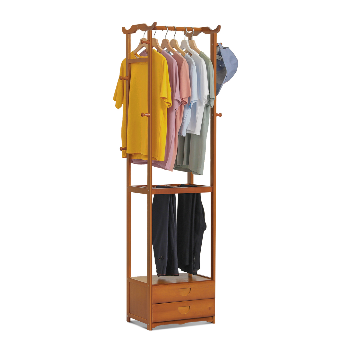 Double Drawer Garment Hanging Stand - with Pants Rack - Brown