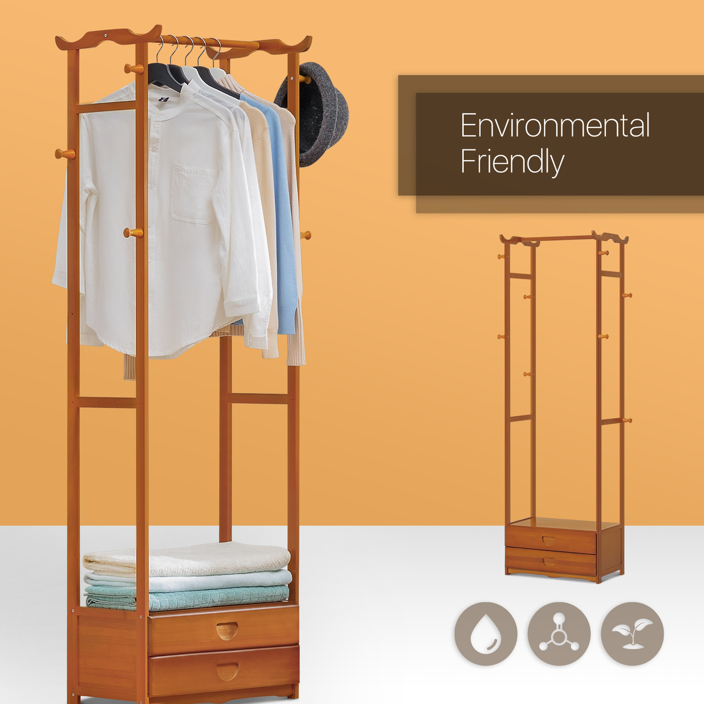 Double Drawer Garment Hanging Stand Rack - Brown