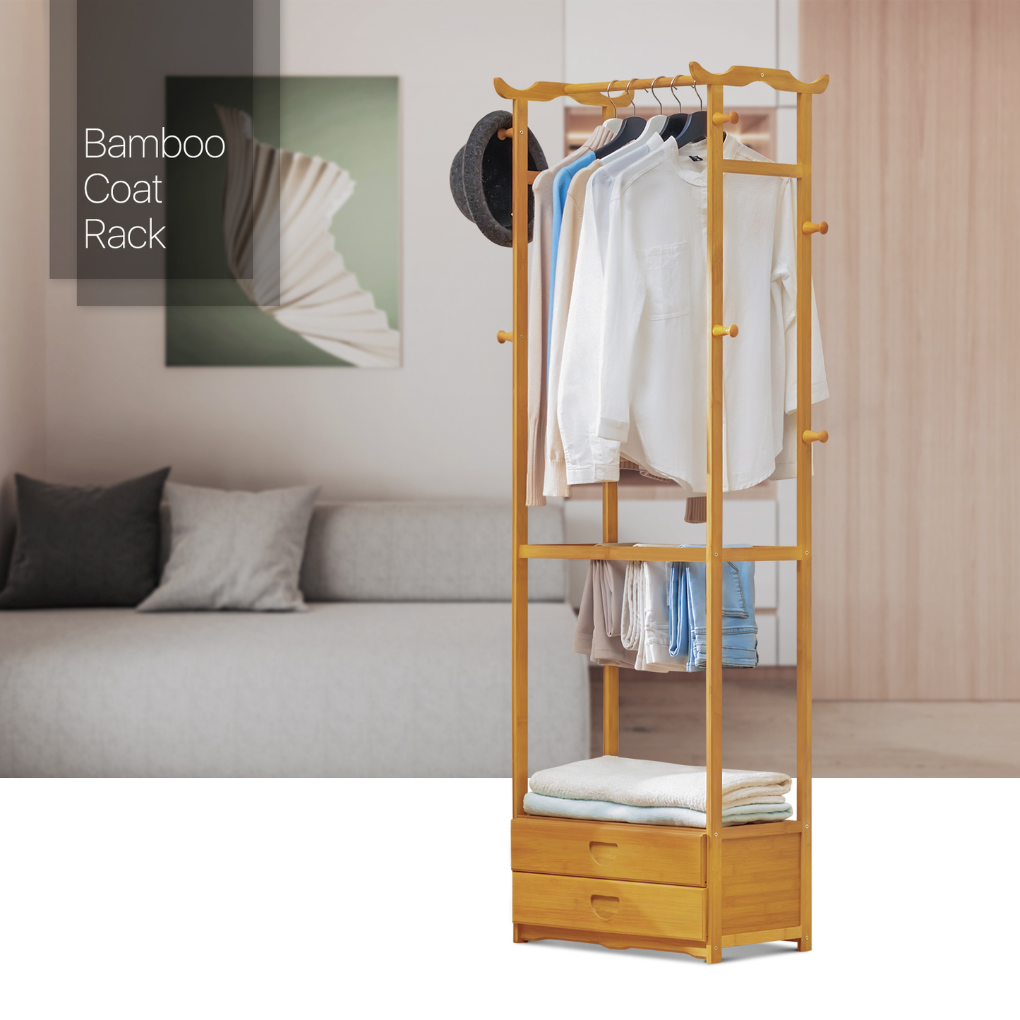 Double Drawer Garment Hanging Stand - with Pants Rack - Natural