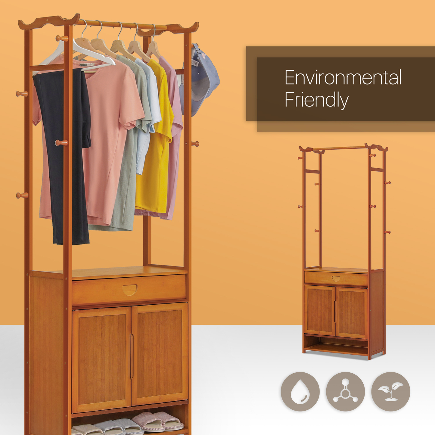 Garment Hanging Stand Rack - Double Door - with Shoes Storage & Drawer