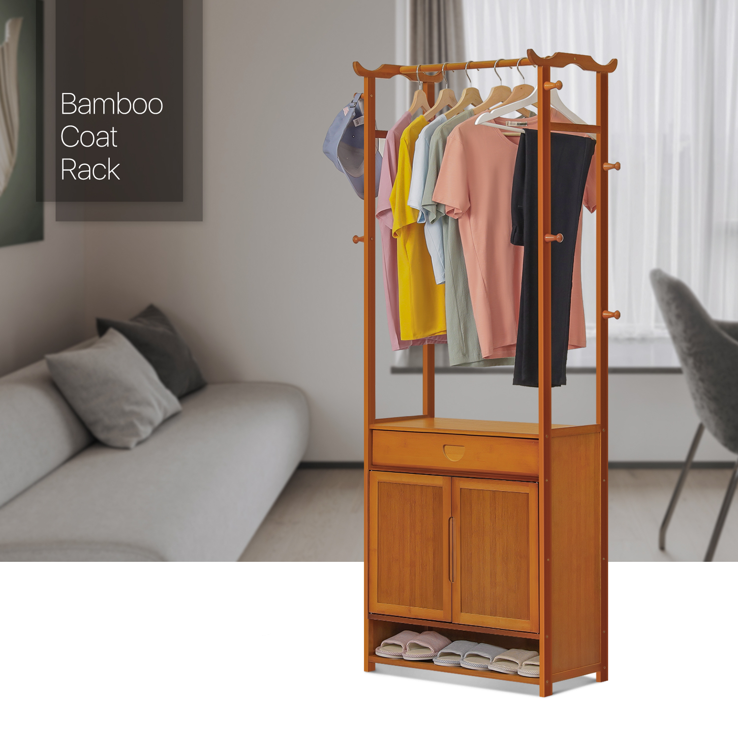 Garment Hanging Stand Rack - Double Door - with Shoes Storage & Drawer