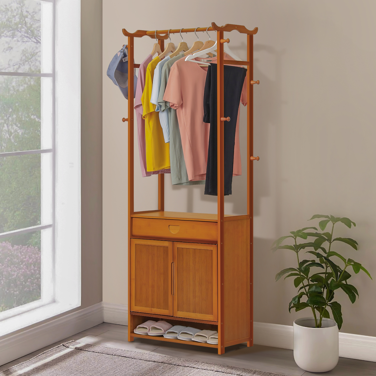 Garment Hanging Stand Rack - Double Door - with Shoes Storage & Drawer