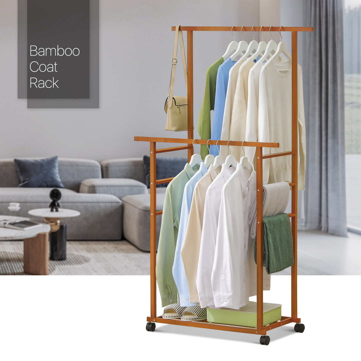 Sliding Garment Double Hanging Clothes Rack - Brown