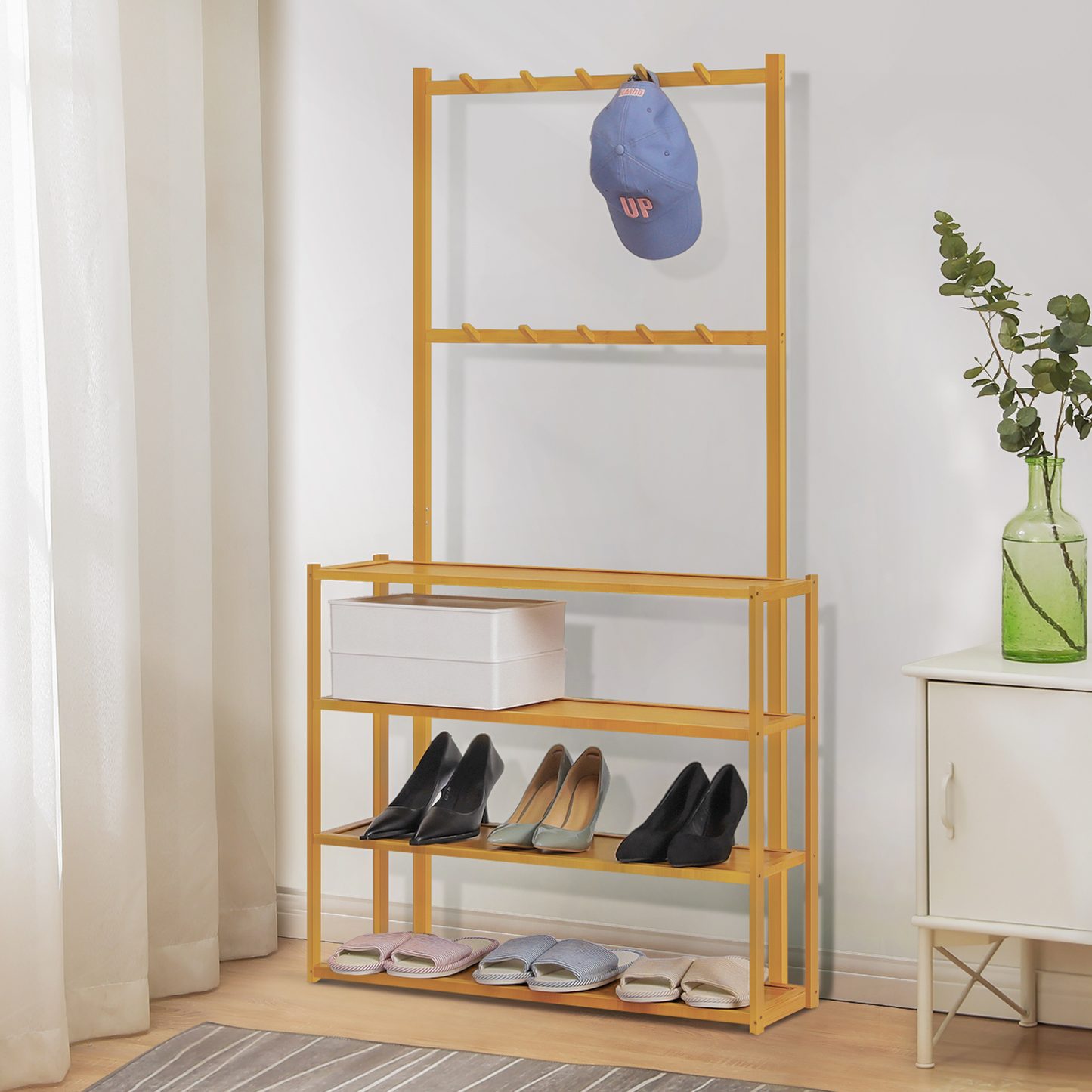 Entryway Coat Rack - with Accessories Storage Shelves - Natural