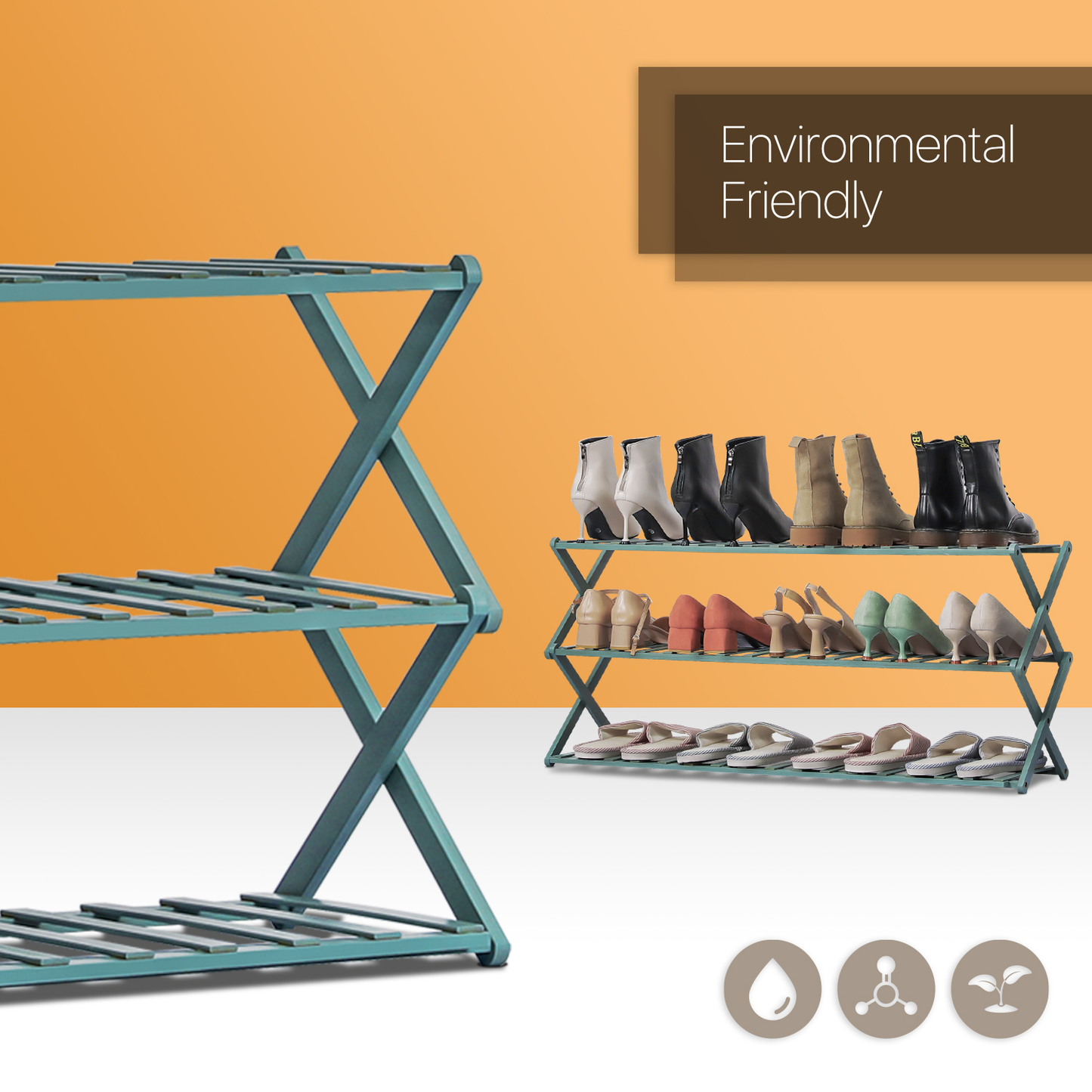 Foldable Multifunctional Shoe Rack Organizer - 3 Tier - Green