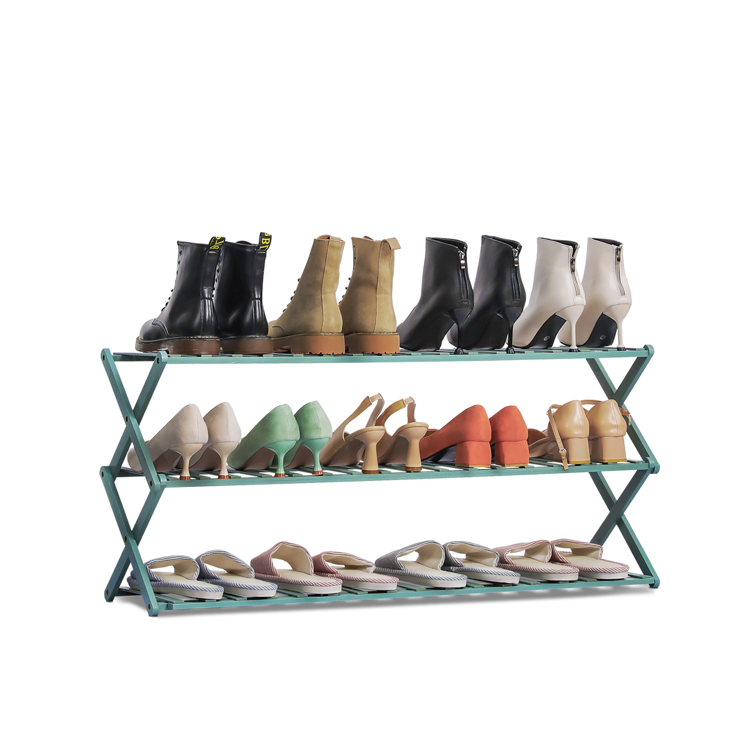 Foldable Multifunctional Shoe Rack Organizer - 3 Tier - Green