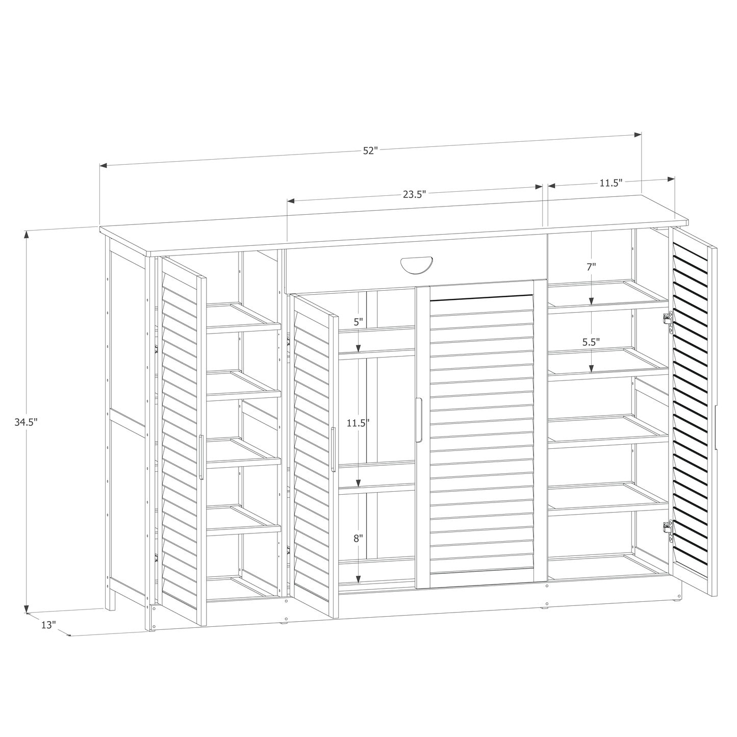 Louver Panel 4 Door Cabinet - with Center Drawer