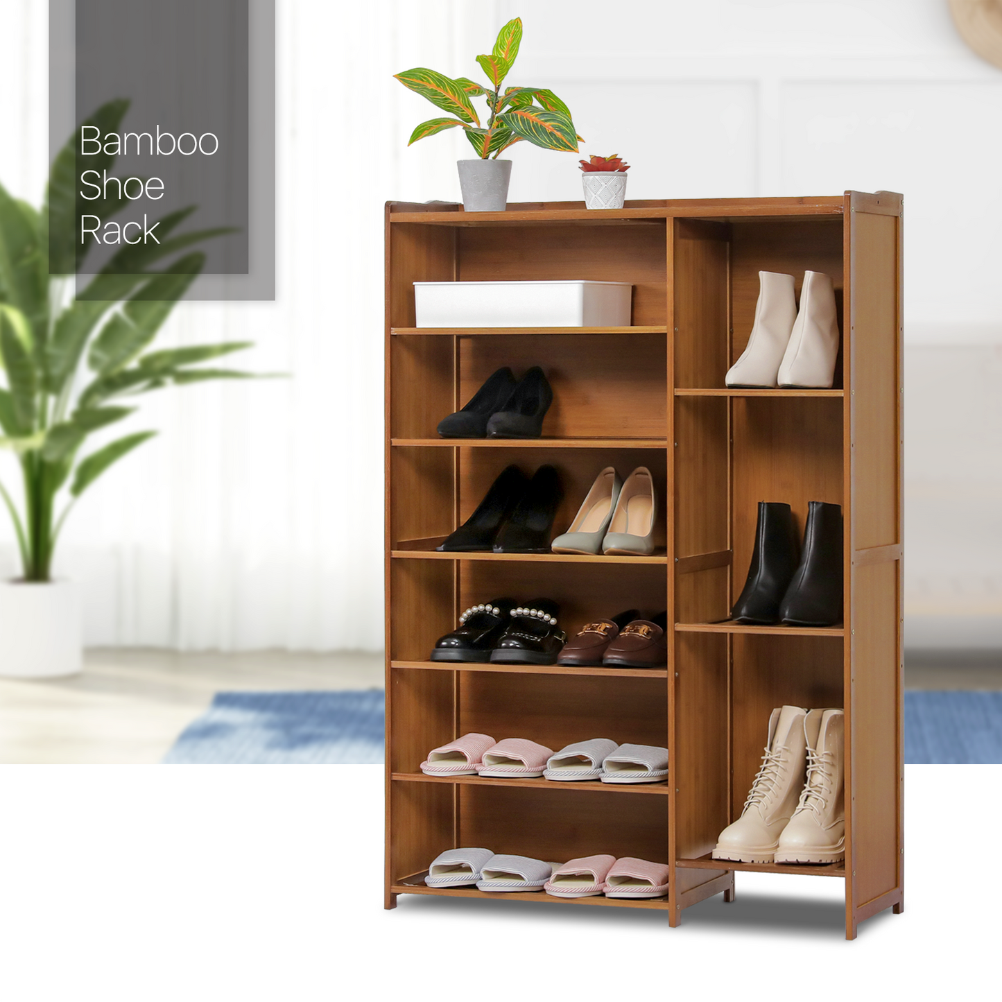 Shoe Organizer - Enclosed Back Panel with Side Boots Storage - 7 Tier - Brown