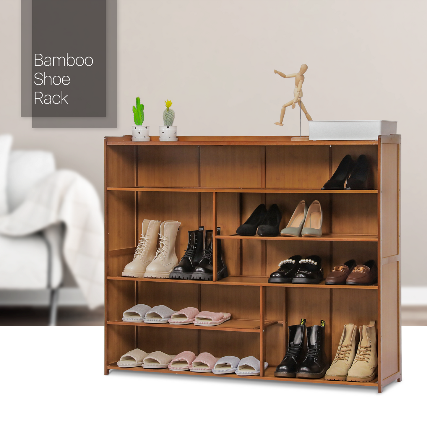 Shoe Organizer - Enclosed Back Panel with Boots Storage - 6 Tier - Brown