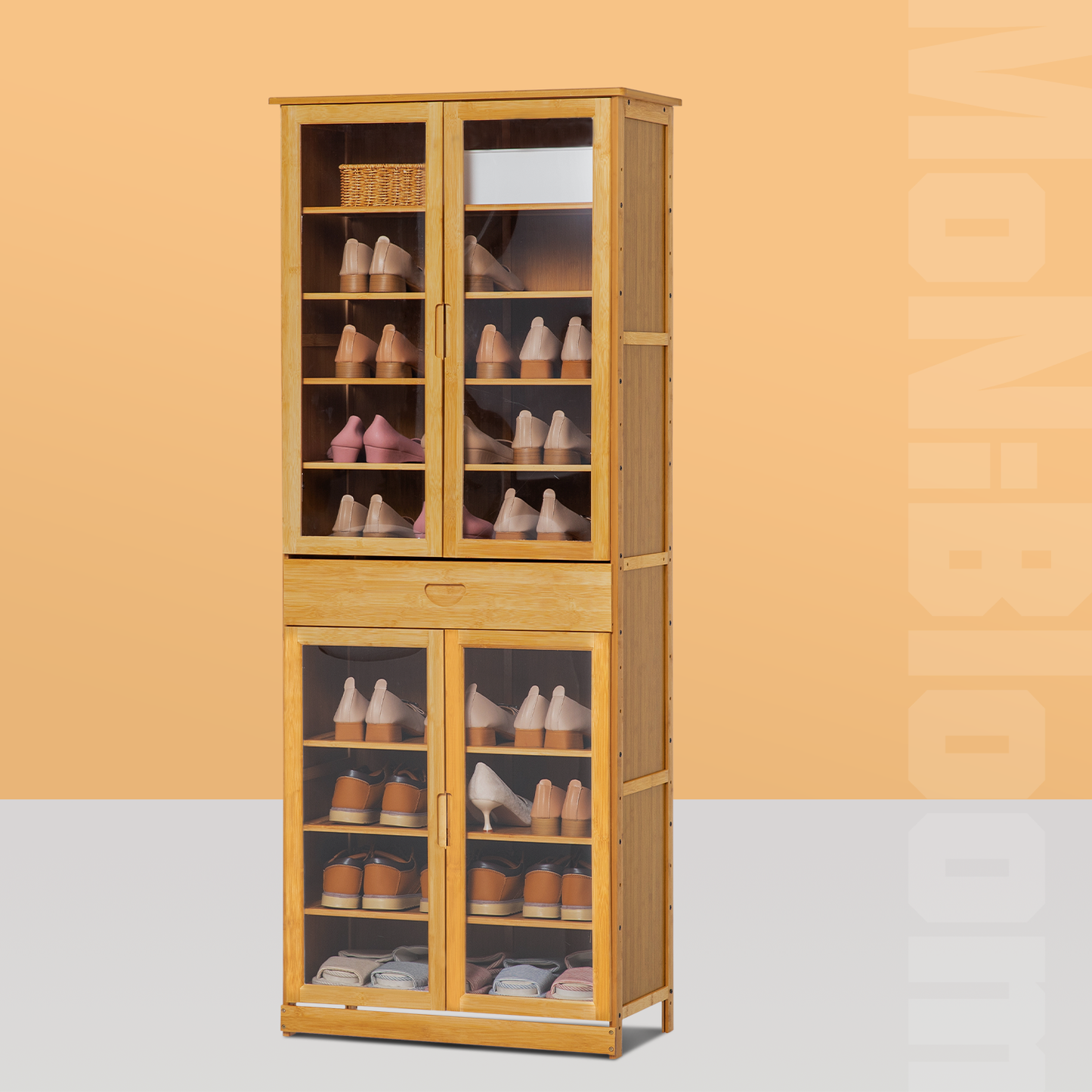 Visible Four-Doors Shoe Organizer w/Drawer - Bamboo/Acrylic - Natural