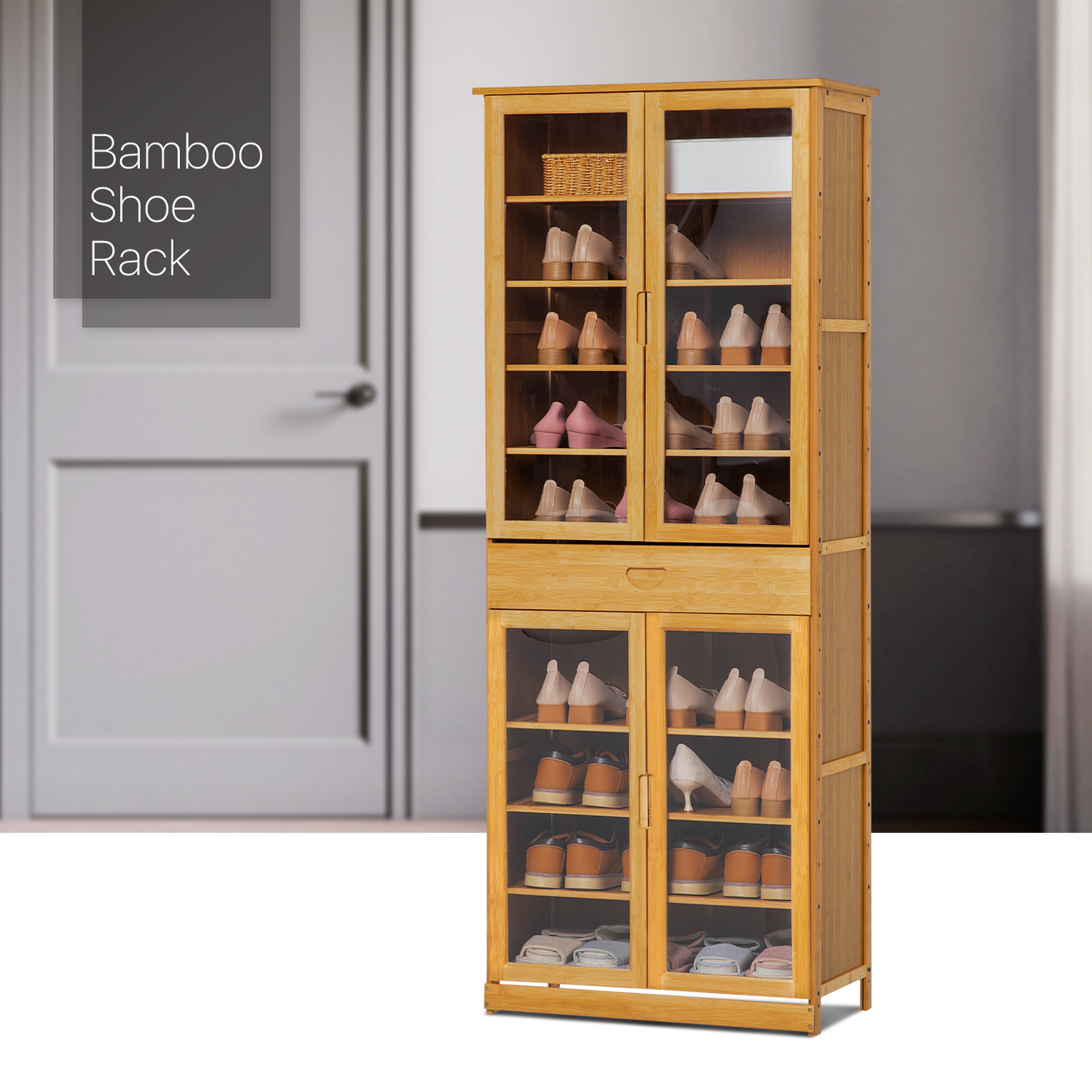 Visible Four-Doors Shoe Organizer w/Drawer - Bamboo/Acrylic - Natural