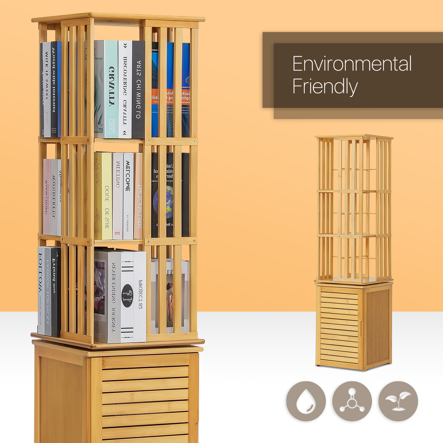 360°Swivel Bookshelf - Vertical Fence Pattern - with Bottom Cabinet Storage - 15" - Natural