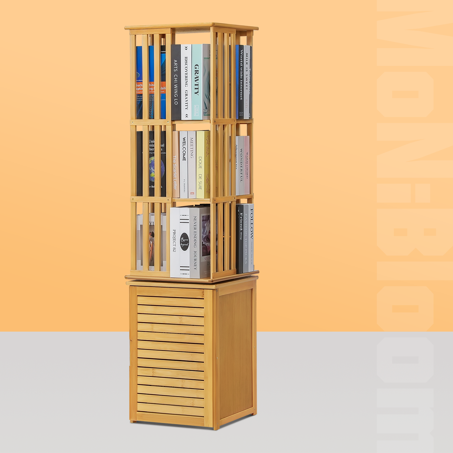 360°Swivel Bookshelf - Vertical Fence Pattern - with Bottom Cabinet Storage - 15" - Natural