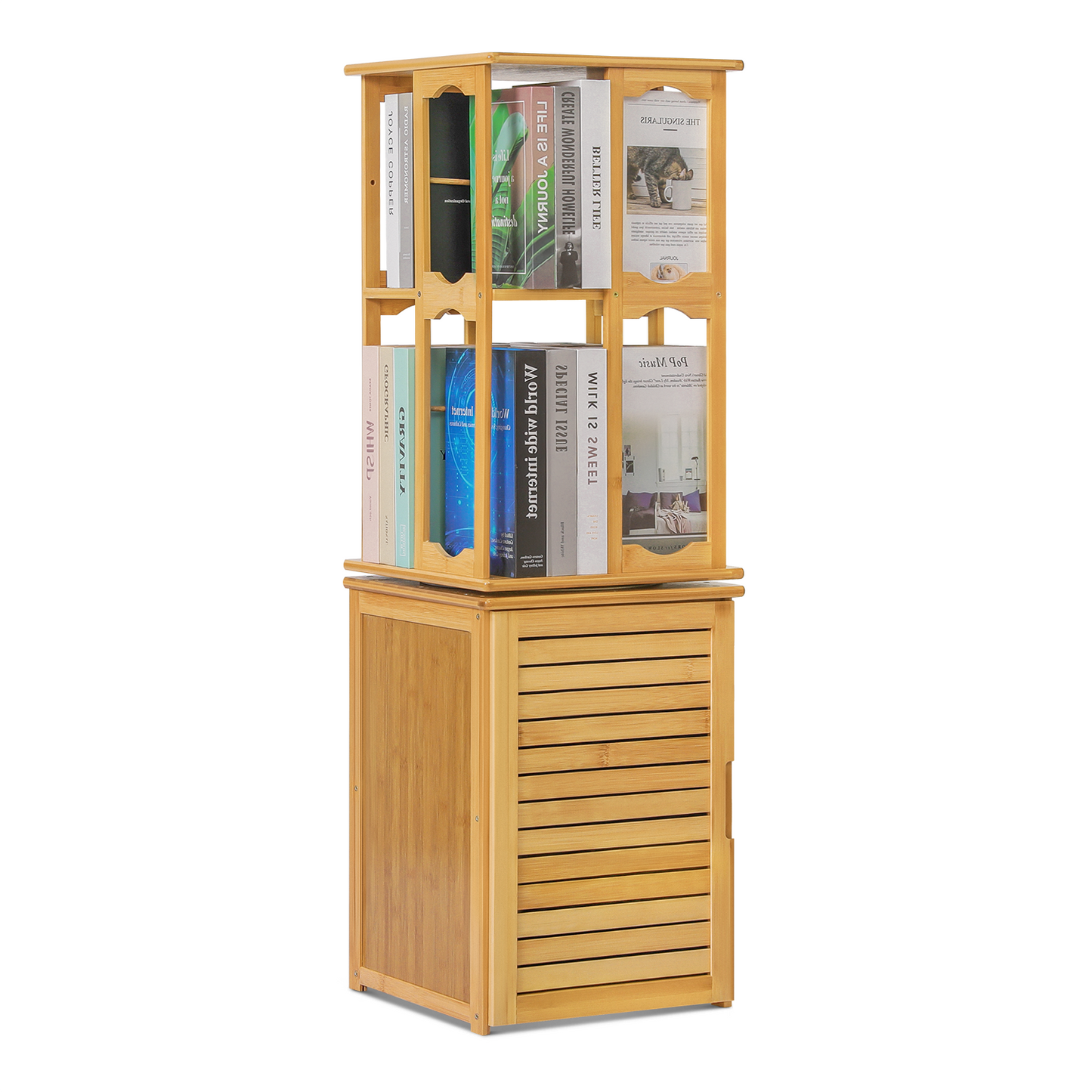 360°Swivel Bookshelf - Oval Hollow Pattern - with Bottom Cabinet Storage - 15" - Natural