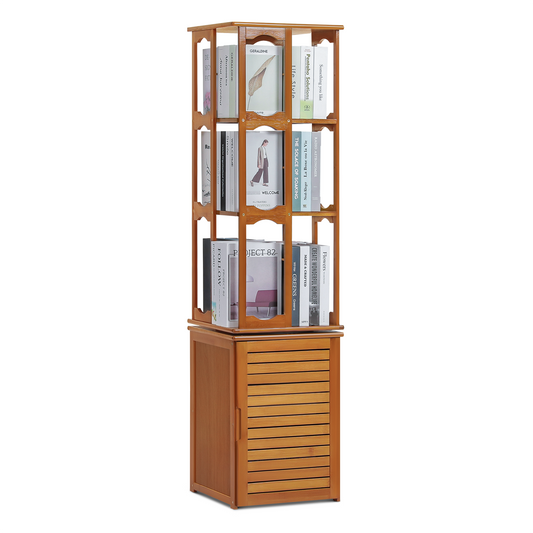 360° Swivel Bookshelf - Oval Hollow Pattern - with Bottom Cabinet Storage - 15" - Brown