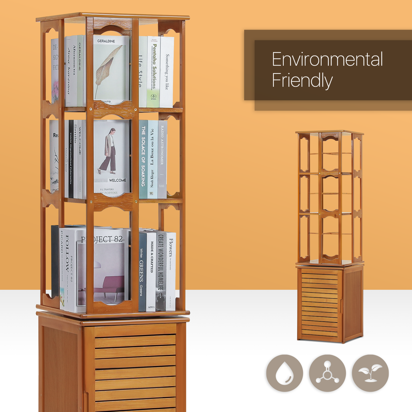 360° Swivel Bookshelf - Oval Hollow Pattern - with Bottom Cabinet Storage - 15" - Brown