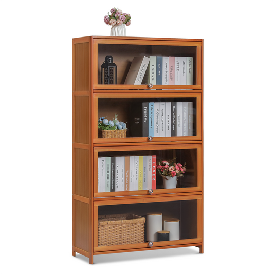 Slide Up Acrylic Panel Door Multi-Functional Storage Cabinet - 4 Tier - Brown
