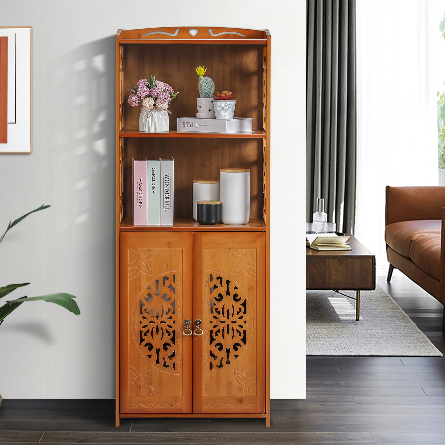 Oriental Multi-Functional Storage - with Engraved Cabinet Door - 4 Tier