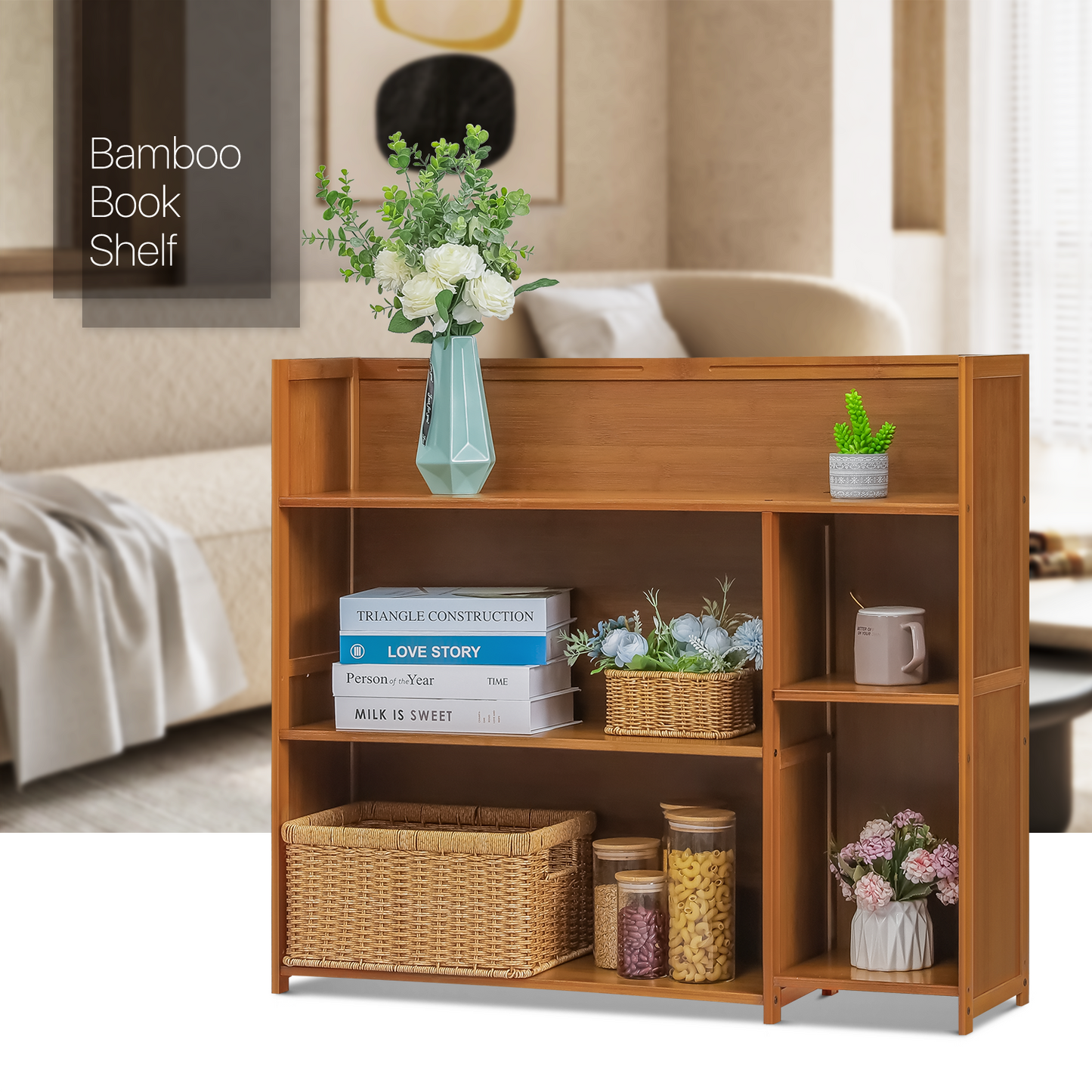 Multi-Functional Storage Organizer Shelf - Open Top - with Compartment Panel - 3 Tier - Brown