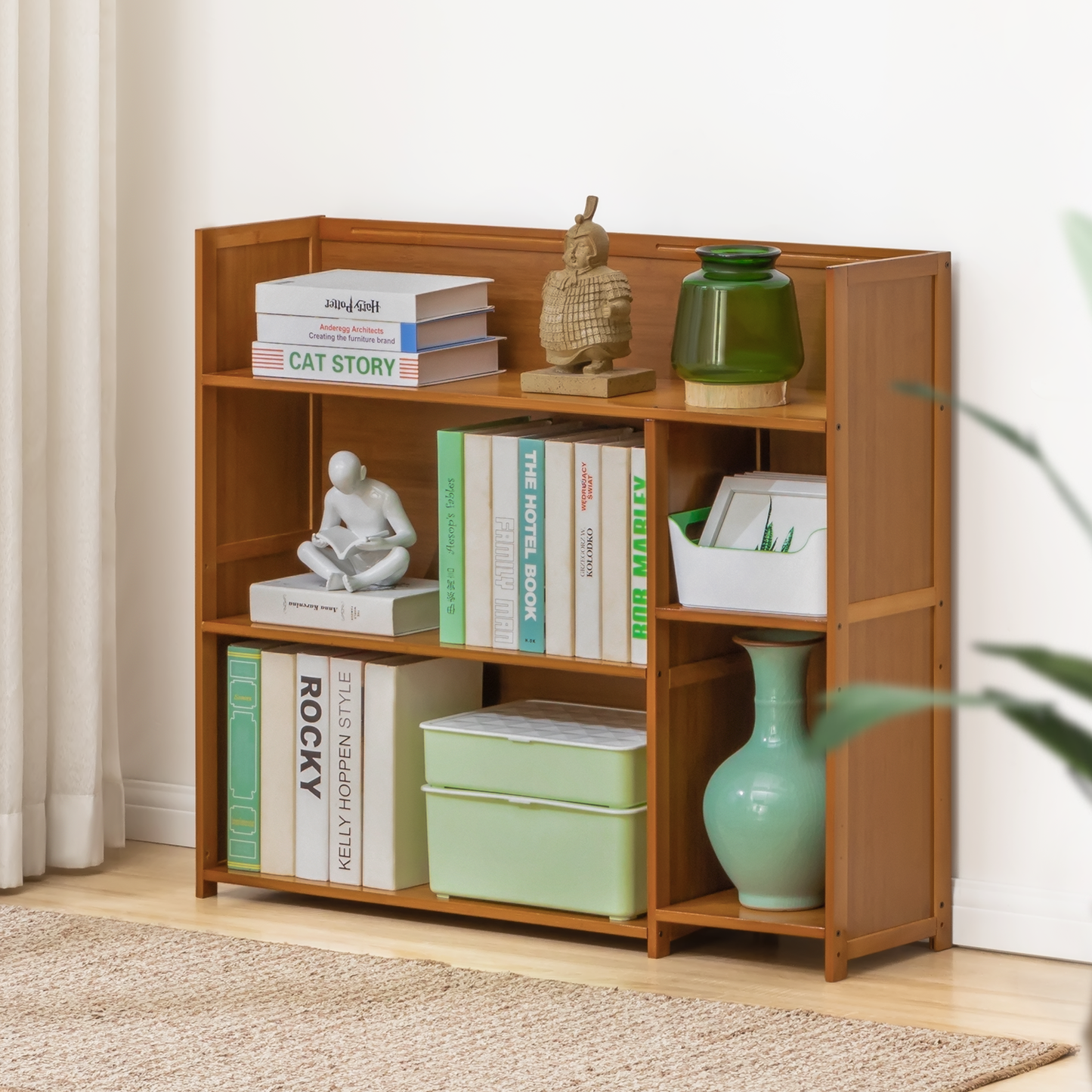 Multi-Functional Storage Organizer Shelf - Open Top - with Compartment Panel - 3 Tier - Brown