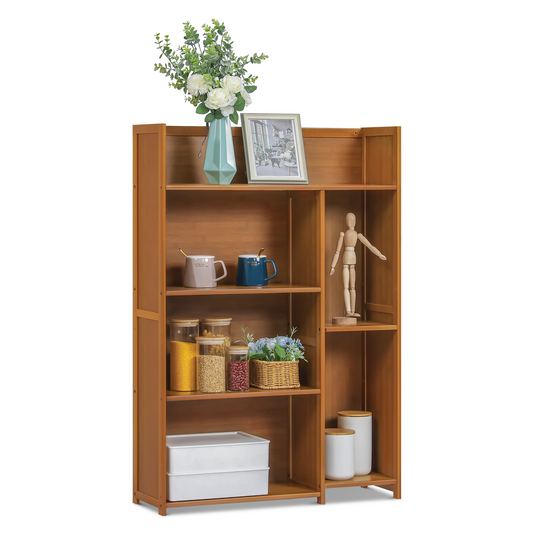 Multi-Functional Storage Organizer Shelf - Open Top - with Compartment Panel - 4 Tier - Brown