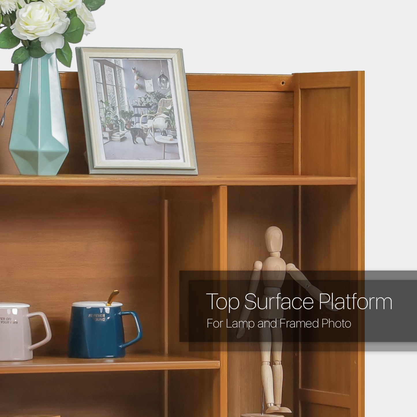 Multi-Functional Storage Organizer Shelf - Open Top - with Compartment Panel - 4 Tier - Brown